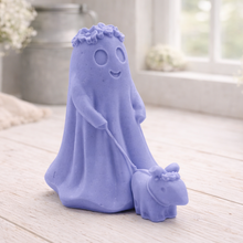 Load image into Gallery viewer, handmade vegan soap featuring a ghost with a flower crown walking a small dog, set against a soft pastel background for a whimsical farmhouse decor touch.