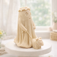 Load image into Gallery viewer, handmade vegan soap featuring a ghost with a flower crown walking a small dog, set against a soft pastel background for a whimsical farmhouse decor touch.