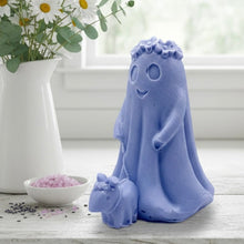 Load image into Gallery viewer, handmade vegan soap featuring a ghost with a flower crown walking a small dog, set against a soft pastel background for a whimsical farmhouse decor touch.