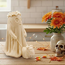 Load image into Gallery viewer, handmade vegan soap featuring a ghost with a flower crown walking a small dog, set against a soft pastel background for a whimsical farmhouse decor touch.