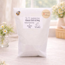 Load image into Gallery viewer, handmade vegan soap featuring a ghost with a flower crown walking a small dog, set against a soft pastel background for a whimsical farmhouse decor touch.
