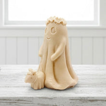 Load image into Gallery viewer, handmade vegan soap featuring a ghost with a flower crown walking a small dog, set against a soft pastel background for a whimsical farmhouse decor touch.