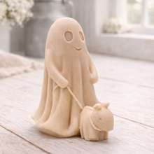 Load image into Gallery viewer, Decorative vegan soap of a ghost with a dog on a wooden floor with flowers in the background