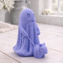 Load image into Gallery viewer, Blue ghost-shaped vegan soap with a small purple horse on a wooden floor.