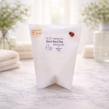 Load image into Gallery viewer, handmade vegan soap featuring a smiling ghost walking a small dog on a lead,