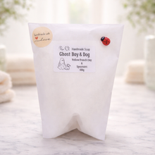 Load image into Gallery viewer, handmade vegan soap featuring a smiling ghost walking a small dog on a lead,