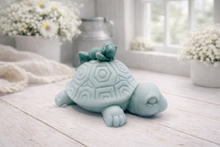 Load image into Gallery viewer, A 3D handmade vegan soap in a soft mint green tone, sculpted into a large friendly turtle with a geometric shell pattern and a small, cute frog sleeping peacefully on its back.
