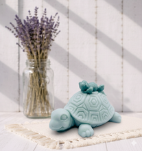 Load image into Gallery viewer, adorable turtle shaped vegan soap featuring a little frog taking a ride on his shell.