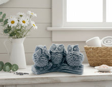 Load image into Gallery viewer, A set of three detailed handmade vegan owl soaps in a "See No, Hear No, Speak No Evil" pose, displayed on a rustic log base with a soft pastel farmhouse decor background.