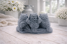 Load image into Gallery viewer, A handmade vegan soap gift featuring three owls perched on a branch in the "See No Evil, Hear No Evil, Speak No Evil" poses, set against a bright window with white flowers.