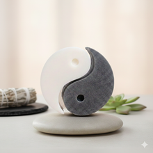 Load image into Gallery viewer, A handmade vegan soap gift set featuring two interlocking teardrop-shaped bars in contrasting black and white to form a large yin and yang symbol, displayed on a light wooden surface.