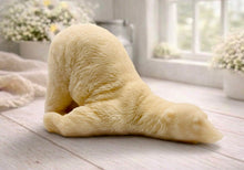 Load image into Gallery viewer, Huge highly detailed polar bear shaped vegan bar soap, handmade and resting on a rustic wooden table with floral backdrop - ideal sustainable gift idea for animal lovers
