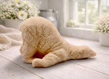 Load image into Gallery viewer, Huge highly detailed polar bear shaped vegan bar soap, handmade and resting on a rustic wooden table with floral backdrop - ideal sustainable gift idea for animal lovers
