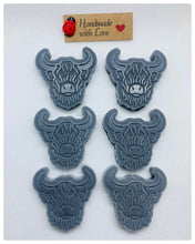 Load image into Gallery viewer, Handmade vegan soaps featuring a set of six mini highland cow soaps gift boxed in beautiful eco friendly packaging. crafted with natural French clays, activated charcoal and essential oils. a eco-friendly, zero waste gift that’s cruelty-free, skin-nourishing, and perfect for highland coo lovers or animal themed gifts. Small business UK