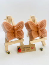 Load image into Gallery viewer, Handmade vegan soaps featuring a set of two butterfly soaps gift boxed in beautiful eco friendly packaging. crafted with natural French clays, activated charcoal and essential oils. a eco-friendly, zero waste gift that’s cruelty-free, skin-nourishing, and perfect for bee lovers and gifting. UK Small Business