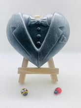 Load image into Gallery viewer, Handmade vegan soaps featuring a charcoal groom soap and a detailed bride soap. gift boxed in beautiful eco friendly packaging. crafted with natural French clays, activated charcoal and essential oils. a eco-friendly, zero waste gift that’s cruelty-free, skin-nourishing, the perfect gift for any wedding. UK Small Business