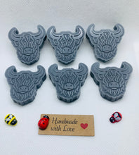 Load image into Gallery viewer, Handmade vegan soaps featuring a set of six mini highland cow soaps gift boxed in beautiful eco friendly packaging. crafted with natural French clays, activated charcoal and essential oils. a eco-friendly, zero waste gift that’s cruelty-free, skin-nourishing, and perfect for highland coo lovers or animal themed gifts. Small business UK