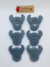 Load image into Gallery viewer, Handmade vegan soaps featuring a set of six mini highland cow soaps gift boxed in beautiful eco friendly packaging. crafted with natural French clays, activated charcoal and essential oils. a eco-friendly, zero waste gift that’s cruelty-free, skin-nourishing, and perfect for highland coo lovers or animal themed gifts. Small business UK
