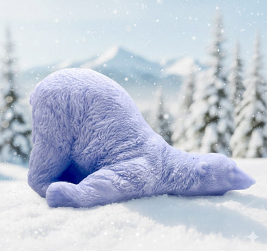 Handmade vegan soaps featuring a huge lazy polar bear with his bum up in the air.  gift boxed in beautiful eco friendly packaging. crafted with natural French clays, activated charcoal and essential oils. a eco-friendly, zero waste gift that’s cruelty-free, skin-nourishing, the perfect gift for polar bear lovers, Christmas gifts or for animal lover gifts. small business UK