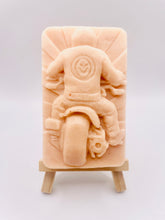 Load image into Gallery viewer, Handmade vegan soaps featuring a biker riding their motorcycle in to the sunset wearing a biker jacket. crafted with natural French clays, activated charcoal and essential oils. a eco-friendly, zero waste gift that’s cruelty-free, skin-nourishing, and perfect for motorbike lovers and gifts for him. Small business UK
