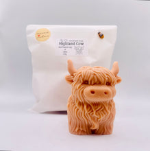Load image into Gallery viewer, Handmade vegan soaps featuring a  large detailed highland cow. crafted with natural French clays, activated charcoal and essential oils. a eco-friendly, zero waste gift that’s cruelty-free, skin-nourishing, and perfect for highland coo lovers and animal themed gifts. small business UK wrapped in beautiful eco friendly packaging.
