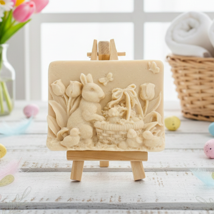 Intricate handmade soap scene from Soap Simple Creations featuring an Easter bunny, chicks, and tulips, displayed on a wooden easel with spring flowers. Vegan and cruelty free soap. 