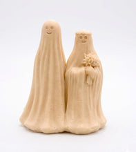 Load image into Gallery viewer, handmade vegan soap featuring a ghostly bride with a bouquet and a groom, a unique farmhouse decor wedding or anniversary gift
