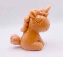Load image into Gallery viewer, Handmade vegan soaps featuring a cute happy unicorn wrapped in beautiful eco friendly packaging. crafted with natural French clays, activated charcoal and essential oils. a eco-friendly, zero waste gift that’s cruelty-free, skin-nourishing, the perfect gift for unicorn lovers, or for animal lover gifts. small business UK
