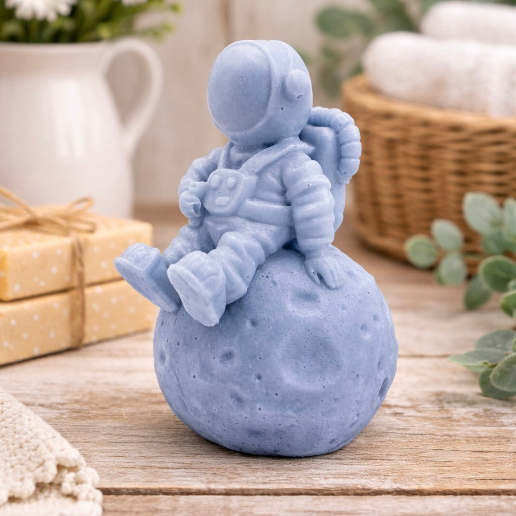 Blue astronaut vegan soap figurine on a moon-shaped base