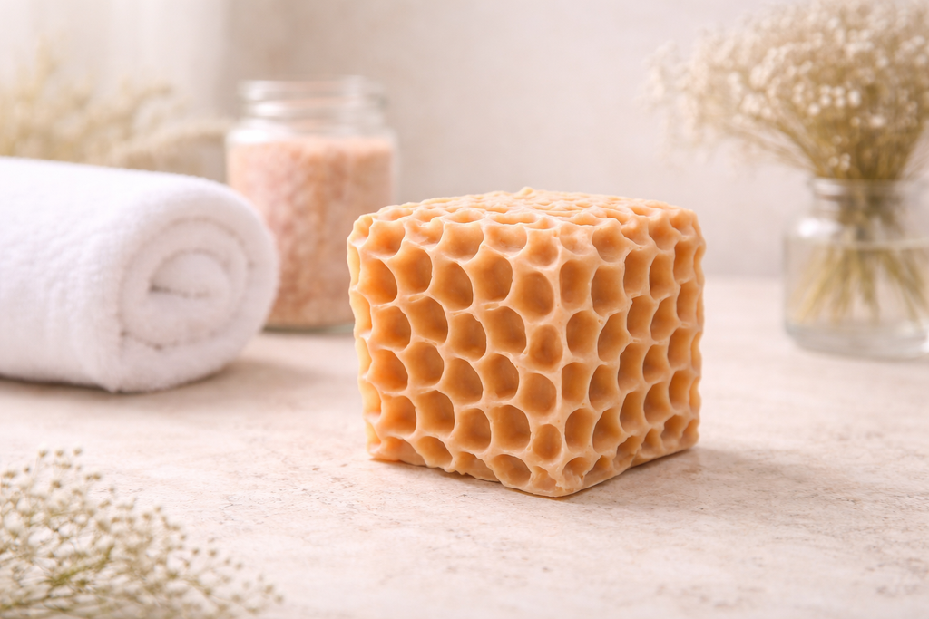 Handmade vegan soaps featuring a gorgeous honeycomb chunky design soap. crafted with natural French clays, and essential oils.