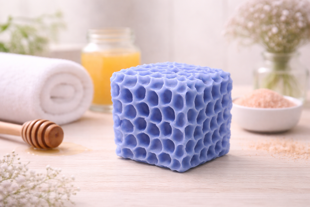 Handmade vegan soaps featuring a gorgeous honeycomb chunky design soap. crafted with natural French clays, and essential oils.