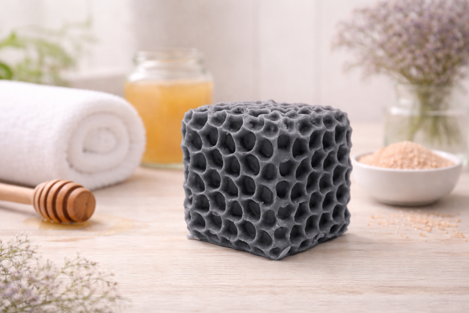Handmade vegan soaps featuring a gorgeous honeycomb chunky design soap. crafted with natural French clays, and essential oils.