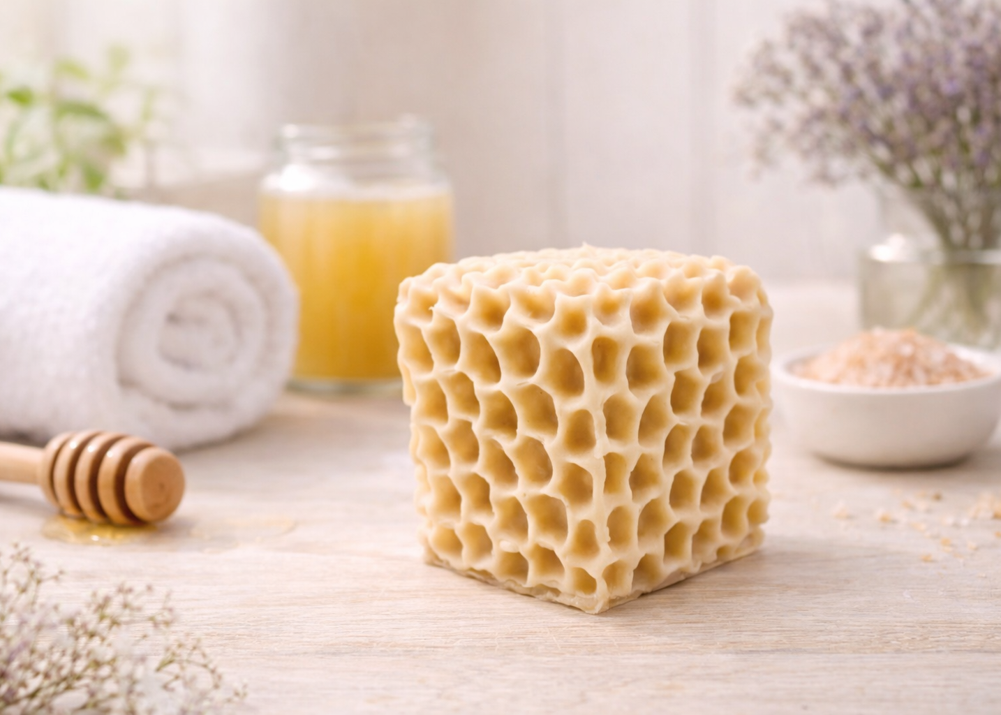 Handmade vegan soaps featuring a gorgeous honeycomb chunky design soap. crafted with natural French clays, and essential oils.