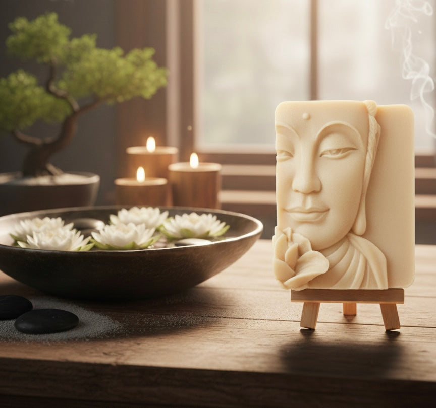 handmade vegan soap featuring a detailed 3D relief of a serene Buddha face with a lotus flower, displayed on a wooden easel against a whimsical farmhouse decor background.