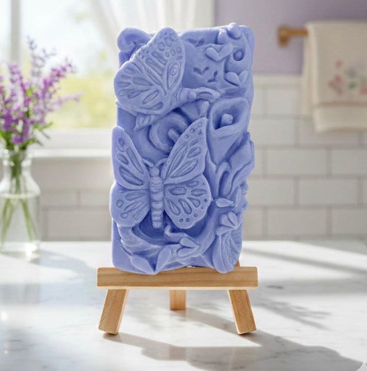 Decorative vegan soap with a butterfly and flowers design