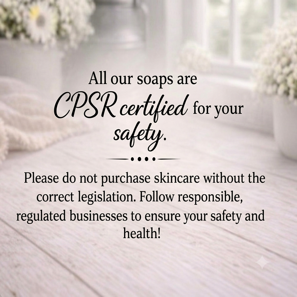 A text overlay on a softly blurred bathroom-like background with flowers and a window, reading: 'All our soaps are CPSR certified for your safety. Please do not purchase skincare without the correct legislation.