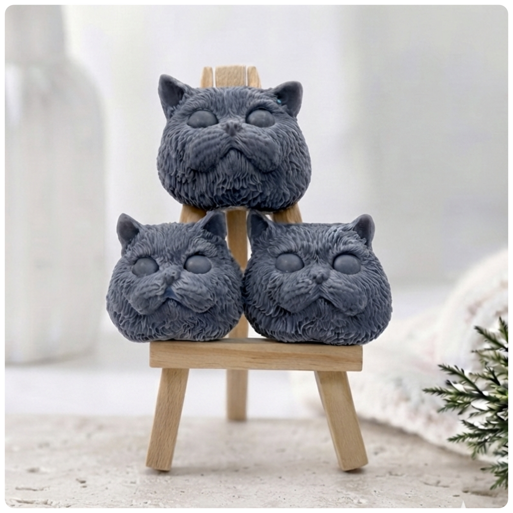 Handmade vegan soaps featuring a set of three little cat faces gift boxed in beautiful eco friendly packaging. 