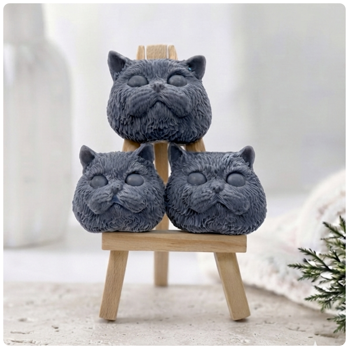 Handmade vegan soaps featuring a set of three little cat faces gift boxed in beautiful eco friendly packaging. 