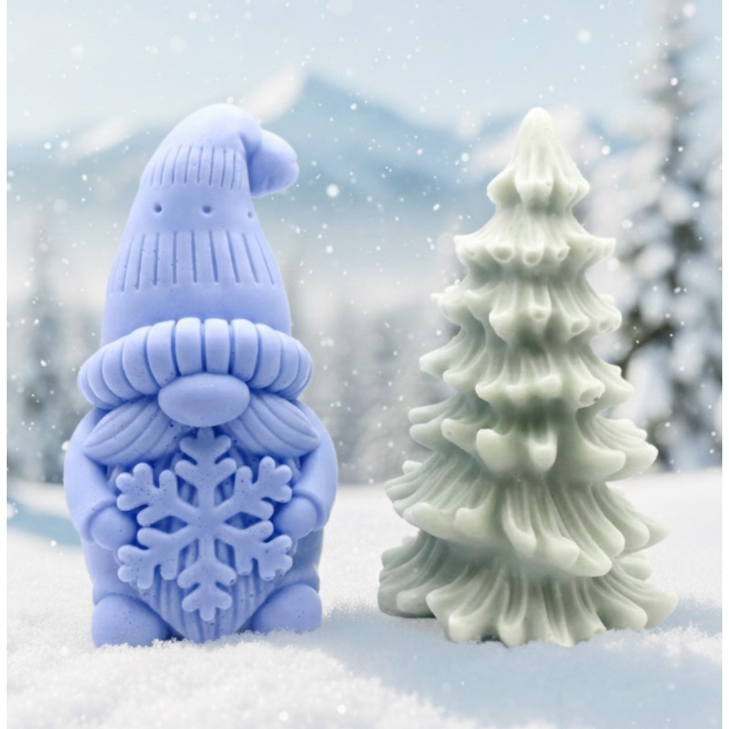 Handmade vegan snowdrop gnome and Christmas tree shaped vegan soaps gift boxed.  crafted with natural French clays, activated charcoal and essential oils. a eco-friendly, zero waste gift that’s cruelty-free, skin-nourishing, and perfect for gifting.