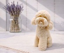 Load image into Gallery viewer, Cockapoo dog design vegan soap gift  on a light surface with a vase of lavender in the background
