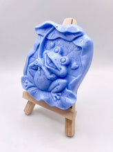 Load image into Gallery viewer, Frog Gift | cute frog gift | unique frog gift,Stocking filler, Frog &amp; Lily Pad Vegan Soap Wooden display easels are available to purchase on a separate listing  Meet our adorable Frog &amp; Lilypad soap! This charming little frog holds a lilypad leaf over his head like a tiny umbrella, hiding from the sun and ready to brighten up your day! modern gifts. handmade home style. eco conscious gifts. zero waste gift. handmade home style. modern gift ideas.
