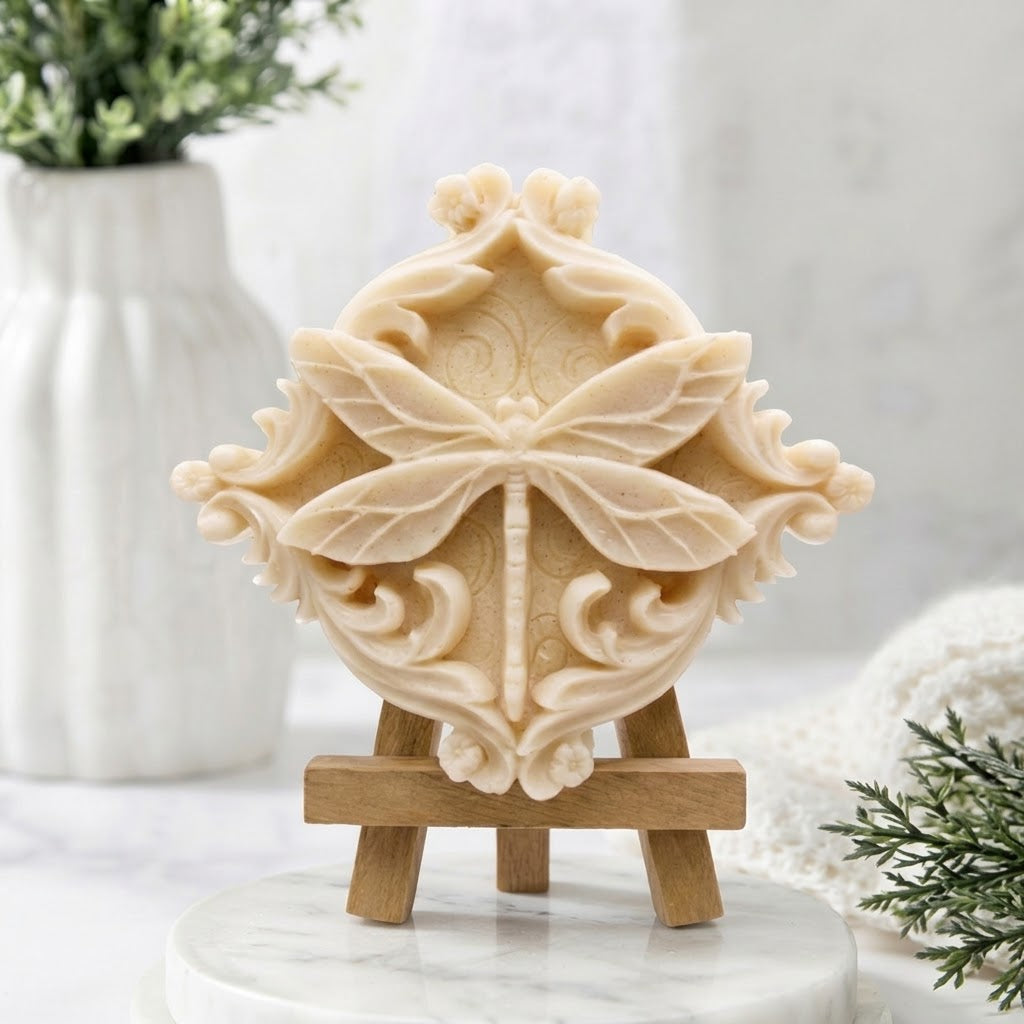 Detailed soft yellow carved dragonfly artisan vegan soap with ornate filigree edges.
