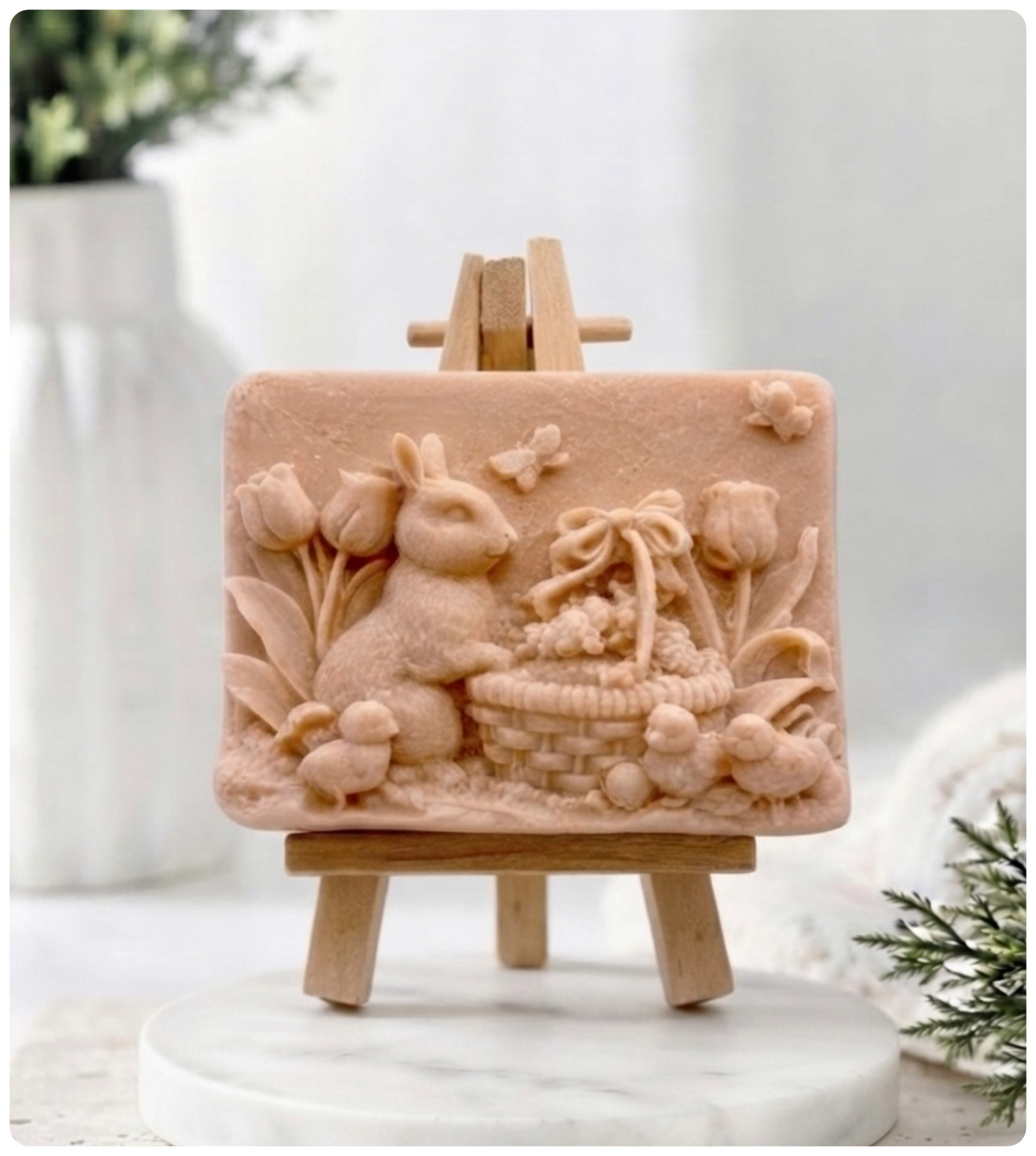 A rectangular handmade vegan soap in a sophisticated tone, featuring a highly detailed relief scene of an Easter bunny standing next to a basket of eggs, surrounded by blooming tulips and small birds, displayed on a wooden easel.