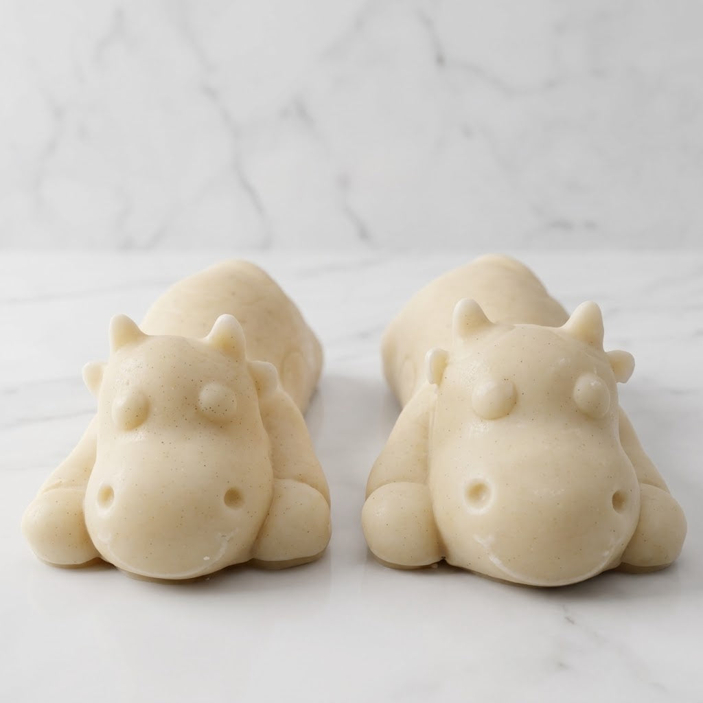 Two forward facing soft yellow sleeping cow shaped soaps are resting side-by-side on a white marble countertop.