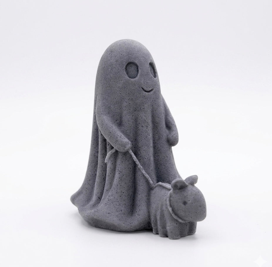 handmade vegan soap featuring a smiling ghost walking a small dog on a lead,