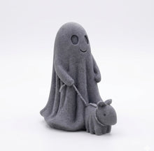 Load image into Gallery viewer, handmade vegan soap featuring a smiling ghost walking a small dog on a lead,

