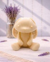 Load image into Gallery viewer, Handmade vegan soaps featuring an adorable rabbit with big floppy ears and stitching detail, in beautiful eco friendly packaging.
