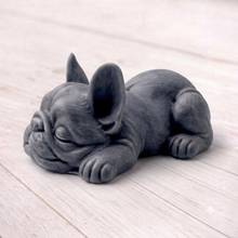 Load image into Gallery viewer, Handmade vegan soap in the shape of a realistic sleeping French Bulldog lying down, showing detailed ear texture and facial wrinkles
