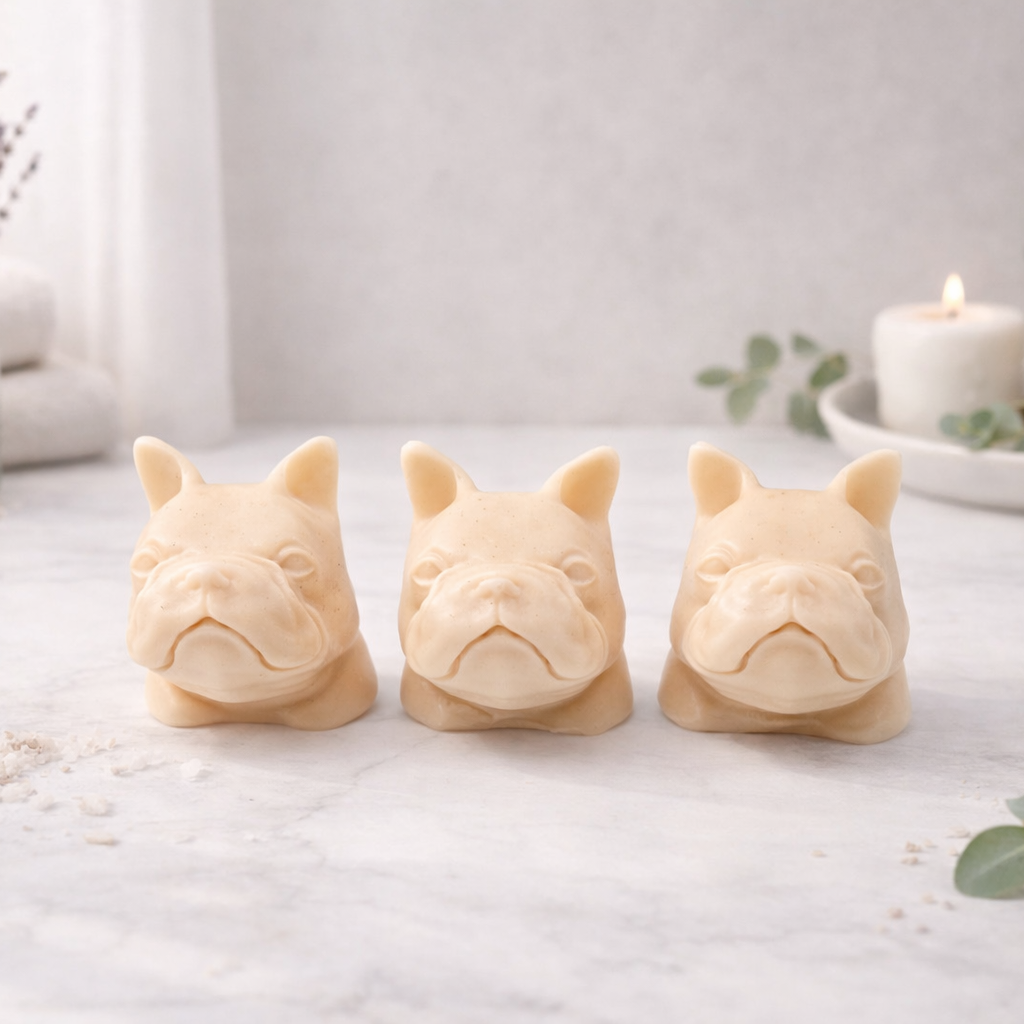 Three French bulldog-shaped soaps on a white surface with decorative elements.