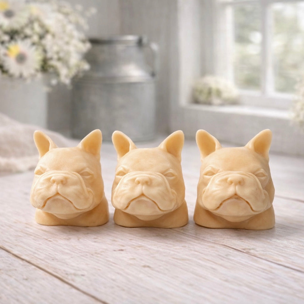 Three French bulldog-shaped vegan soap bars gift set 